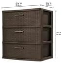 3 drawer wide woven storage cabinet, coffee colored