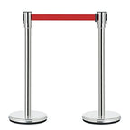 DuraSteel Crowd Control Barriers Stanchions with Retractable Belts & Sign Holder - Metal Stanchion Posts w/ 6.5ft Black Retractable Barrier Belt Ropes - Queue VIP Safety Line Dividers - Set of 6 Poles