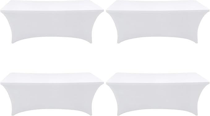 SEPARO Spandex Table Cover 4 Pack 6FT White Fitted Tablecloths,Washable Wrinkle Resistant Stretch Table Cloth Rectangle for Party Hosting Supplies,Wedding Decorations,Vendor Display,Banquet