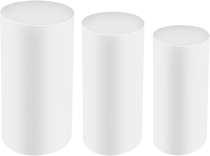 OUKANING 3 PCS Metal Display Pedestal Stands, Cylinder White Display Stands Pillars, Decoration Cube Sculpture Display Column for Wedding Party Baby Shower Birthday, H27.56'', 26'', 23.62''