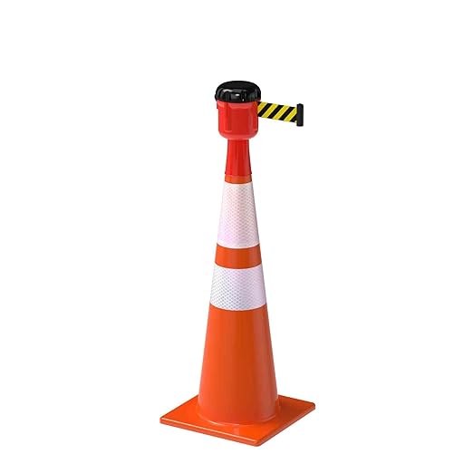 Cone-Mounted Retractable Belt Barrier with Orange Case and 30 Foot Black/Yellow Belt