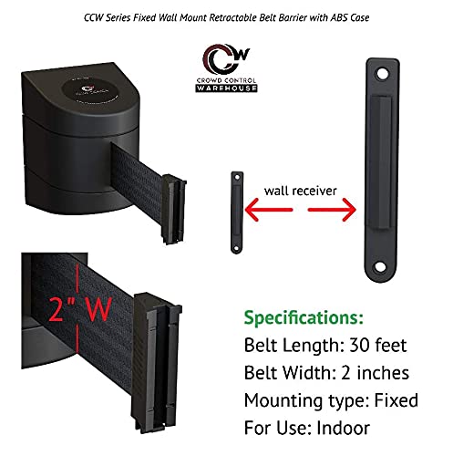 Crowd Control Warehouse - CCW Series WMB-230 Fixed Wall Mount Retractable Belt Barrier - 30 Foot, Black and Yellow Safety Belt with Yellow ABS Case, Crowd Control Barriers