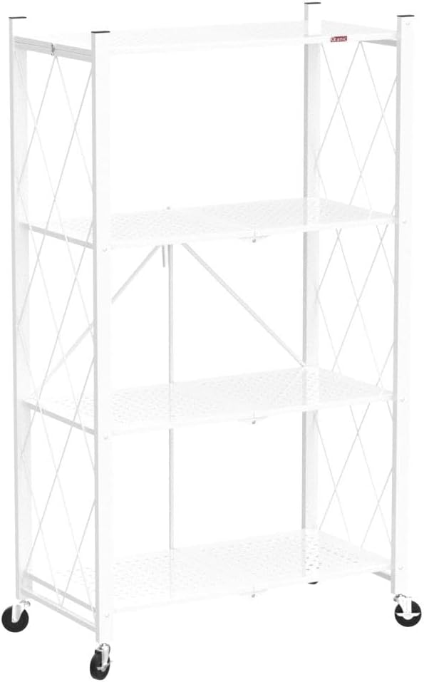 DEANIC 4 Tier Foldable Storage Shelves with Wheels, Large Capacity Shelving Unit, Freestanding Metal Wire Shelf Rack, No Assembly Organizer Rack for Garage Kitchen, Basement, Pantry(White)