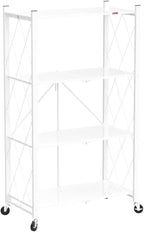DEANIC 4 Tier Foldable Storage Shelves with Wheels, Large Capacity Shelving Unit, Freestanding Metal Wire Shelf Rack, No Assembly Organizer Rack for Garage Kitchen, Basement, Pantry(White)