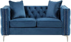 Pemberly Row Chesterfield Button Tufted Velvet Fabric Modern Loveseat-Blue