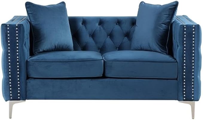 Pemberly Row Chesterfield Button Tufted Velvet Fabric Modern Loveseat-Blue