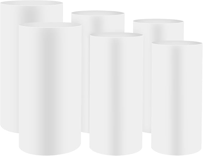 OUKANING 6 PCS Metal Display Pedestal Stands, White Cylinder Display Stands Pillars, Decoration Cube Sculpture Display Column for Wedding Party Baby Shower Birthday, H27.56'', 26'', 23.62''