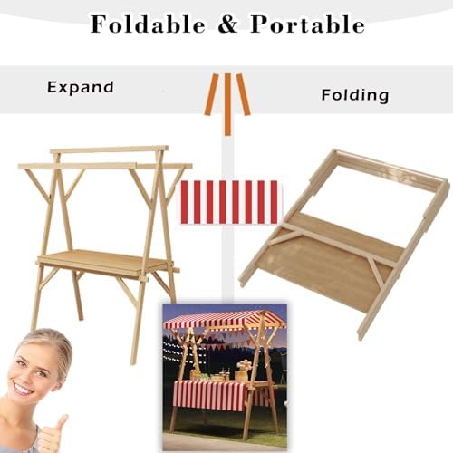 Foldable Wooden Market Stall Display Stand with Canopy & Tablecloth - Outdoor Concession Booth for Gifts, Crafts, Toys, Food & Lemonade - Portable Retail Kiosk (Red, 180x60cm)
