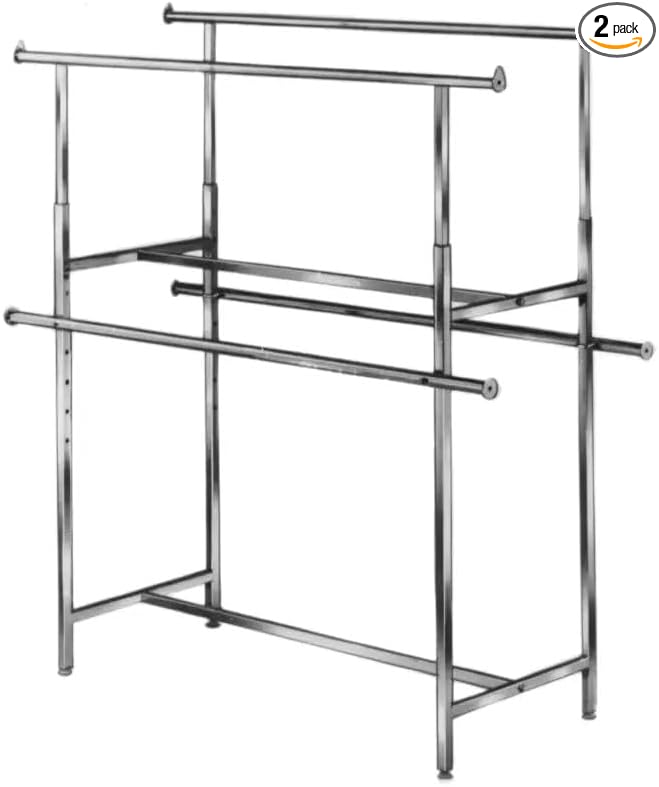Econoco Double Bar Clothing Rack – Adjustable Garment Display with Rectangular Hangrail, Chrome (Base + Hang Bars)