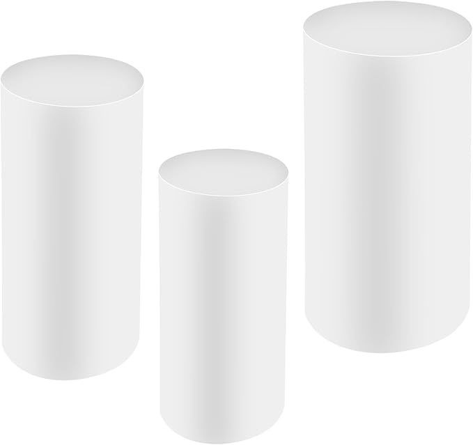 OUKANING 3 PCS Metal Display Pedestal Stands, Cylinder White Display Stands Pillars, Decoration Cube Sculpture Display Column for Wedding Party Baby Shower Birthday, H27.56'', 26'', 23.62''