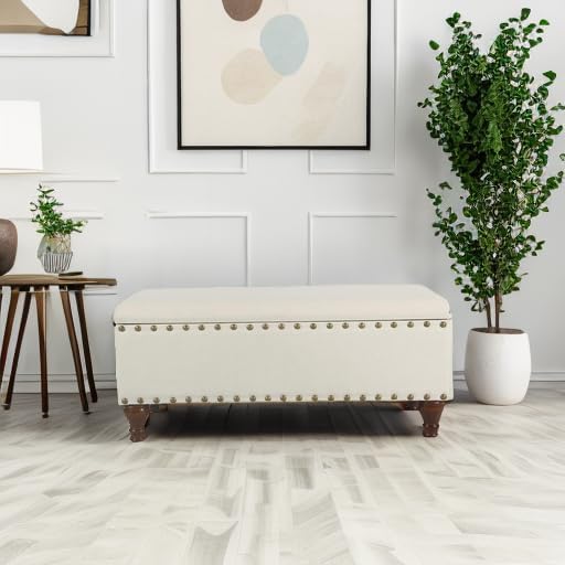 HomePop Upholstered Storage Bench with Nailhead Trim – Cream