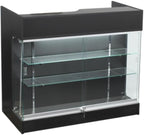 4ft Retail Checkout Counter with Front Glass Display Showcase – Black Ledge Top Store Counter with Tempered Glass, Locking Drawers & Storage Shelves – Boutique Display Cabinet