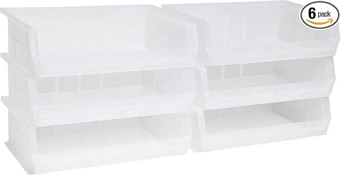 Akro-Mils 30255 AkroBins Plastic Storage Bins, Space-Saving Stackable Bins for Garage, Pantry, Craft Organization, 11-" x 16-" x 5-", Clear, 6-Pack