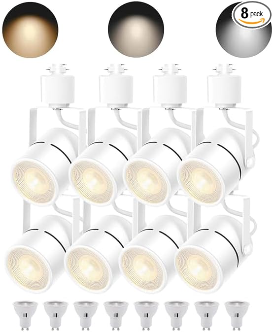 White 8PCS LED Track Lighting with Advanced Replaceable GU10 Bulbs, Switchable 3CCT(3000K/4000K/6000K) and Dimmable Brightness(20%-100%), Versatile Ceiling Spotlight Fixtures for Any Space