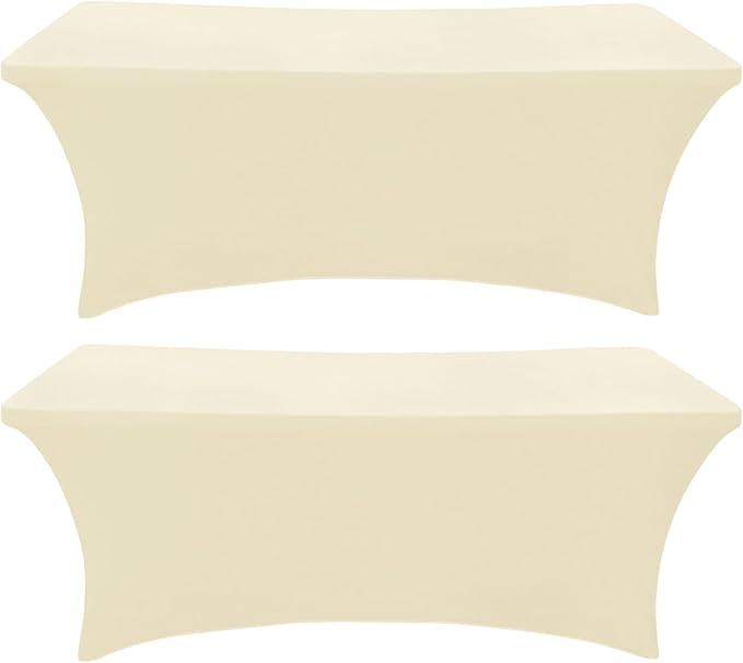 2 Pack 6 Ft Beige Spandex Table Cover Fitted Rectangular Tablecloth Stretchable Fabric Table Cloth 6 ft Wrinkle-Free for Party Tradeshows Banquet Weddings Cocktail