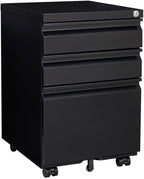 Lispin 3-Drawer Mobile Filing Cabinet with Lock, Office Storage Filing Cabinet of Legal/Letter Size, to be Installation Required (Black + Metal)