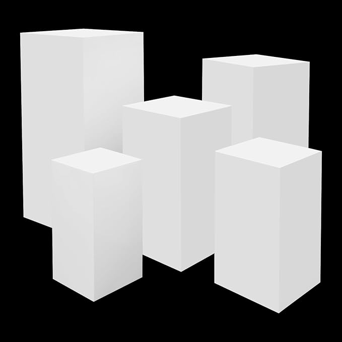 5Pcs White Square Display Pedestal Stands Iron Metal Display Rack, Dessert Table Cube Display Pillars Stand Set with Stable Base for Wedding Party Buffet Bakery Artwork