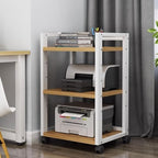 Adjustable 3-Tier Printer Stand, Heavy Duty Under Desk Printer Cart with Storage, AV Media Stand for Home Office, White & Light Walnut Finish, Space-Saving Design