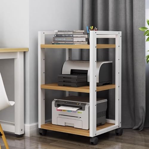 Adjustable 3-Tier Printer Stand, Heavy Duty Under Desk Printer Cart with Storage, AV Media Stand for Home Office, White & Light Walnut Finish, Space-Saving Design