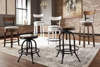 Signature Design by Ashley Valebeck Tall Upholstered Swivel Barstool, Cushioned Seat, Nailhead Trim, Wood and Metal, 30" H, Whitewash