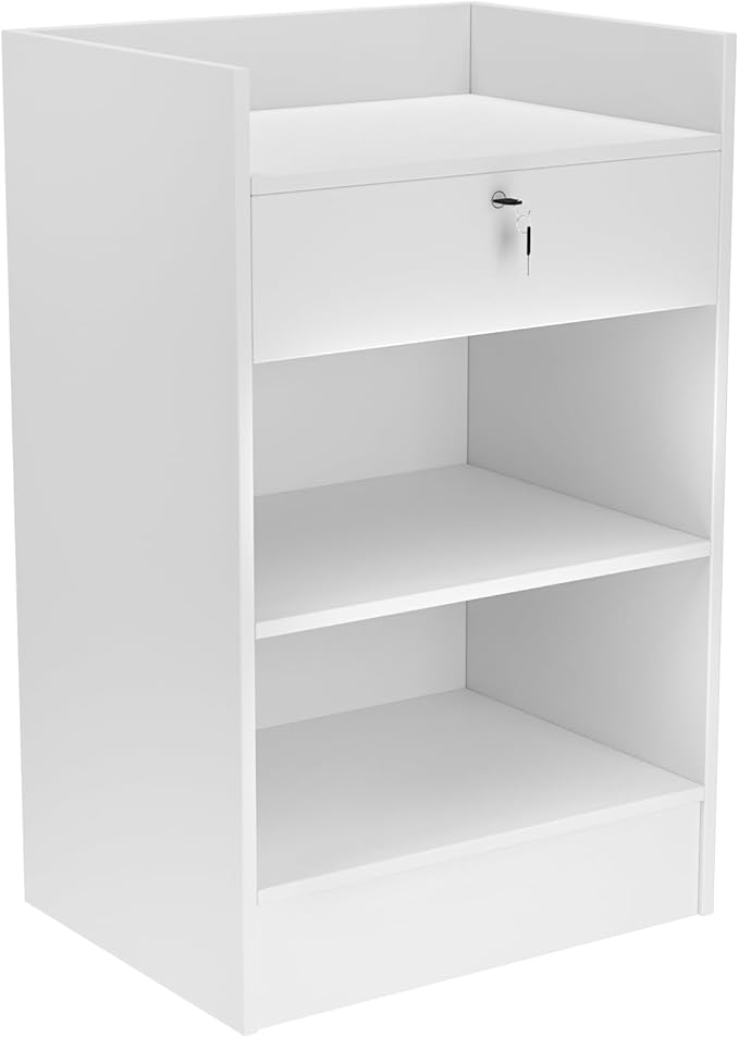 24”W * 18”D * 38”H - Cash Register Stand，Cash Wrap Checkout Desk Counter Stand with Drawer & 2 Tiers Storage for Church, Retail Store, Debate, Shopping Mall (White)