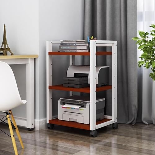 Adjustable 3-Tier Printer Stand, Heavy Duty Under Desk Printer Cart with Storage Shelf, AV Media Stand for Home Office, White & Light Walnut Finish (4-Tier)