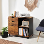 DEVAISE 3-Drawer Wood File Cabinet, Mobile Lateral Filing Cabinet, Printer Stand with Open Storage Shelves for Home Office, Rustic Brown