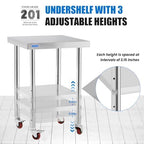 Stainless Steel Table for Prep & Work with Undershelf 24 x 24 Inches NSF Metal Commercial Kitchen Prep Table with Adjustable Under Shelf Worktable for Restaurant Home Outdoor