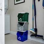 Multi Bin Recycling System with Three Stackable 6 Gallon Recycle Bins to Build Your Recycling Center for Offices, Kitchen, Garages, Businesses (3 Pack, Blue/Grey/Green)