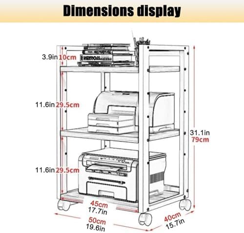Adjustable 3-Tier Printer Stand, Heavy Duty Under Desk Printer Cart with Storage, AV Media Stand for Home Office, White & Light Walnut Finish, Space-Saving Design