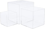 Clisela 3pcs Acrylic Cube Display Stands Box Risers with Hollow Bottoms, Food Risers for Buffet Table, Decorative Display Stand Shelf for Dessert Collectibles Jewelry Figures Show - Clear 3" 4" 5"