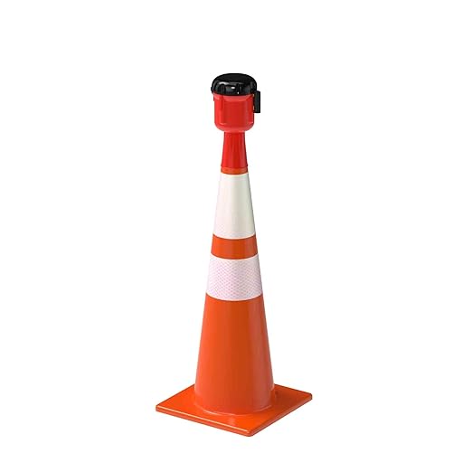 Cone-Mounted Retractable Belt Barrier with Orange Case and 40 Foot Black/Yellow Belt