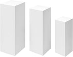 OUKANING 3 Pcs Metal Display Pedestal Stands, Square White Dessert Table Display Pillars, Decoration Cubes Sculpture Columns for Wedding Birthday Party Baby Shower Event, H39.37'', 35.43'', 27.56''