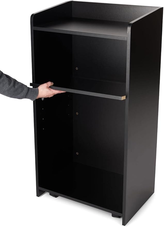 Displays2go Hostess Station, Hidden Wheels, Adjustable Shelf, Black (LCKDPHSBK)