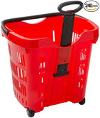 Red Plastic Shopping Basket with Wheels, 21.25 x 16.5 Inch, 45 lb Capacity, Stackable, Telescopic Handle, 6 Pack