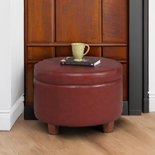 HomePop Round Leatherette Storage Ottoman with Lid, Cinnamon Red Large