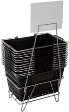Metal Grocery Market Shopping Basket Stand, Silver, 17.5 x 12.5 x 38 Inches, Floor Standing Display Rack, 12 Basket Capacity