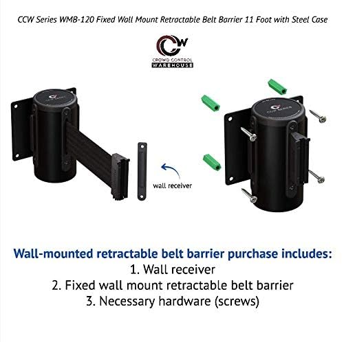 Crowd Control Warehouse - CCW Series WMB-120 Fixed Wall Mount Retractable Belt Barrier - 11 Foot, Black & Red Diagonal Stripes Belt with Black Steel Case, Crowd Control Barriers