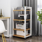 Adjustable 3-Tier Printer Stand, Heavy-Duty Under Desk Printer Cart with Storage Shelves, AV Media Stand for Home Office, White & Light Walnut Finish