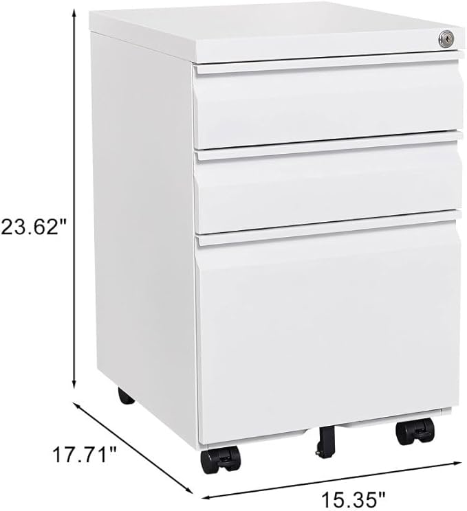 Lispin 3-Drawer Mobile Filing Cabinet with Lock, Office Storage Filing Cabinet of Legal/Letter Size, to be Installation Required (White + Metal + Modern)