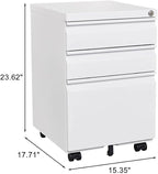 Lispin 3-Drawer Mobile Filing Cabinet with Lock, Office Storage Filing Cabinet of Legal/Letter Size, to be Installation Required (White + Metal + Modern)