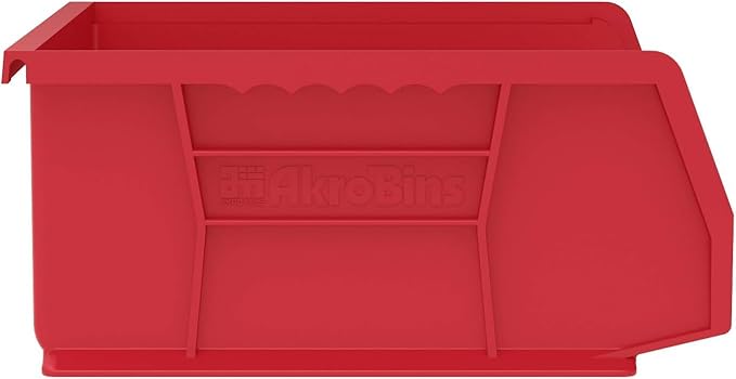 Akro-Mils 30255 AkroBins Plastic Storage Bins, Space-Saving Stackable Bins for Garage, Pantry, Craft Organization, 11-" x 16-" x 5-", Red, 6-Pack