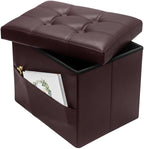 Storage Ottoman Foot Rest Stool, Small Leather Storage Ottomans Bench, Folding Footstool with Side Pockets, Foot Rest Under Desk for Living Room Bedroom, 16x12x12 in, Brown