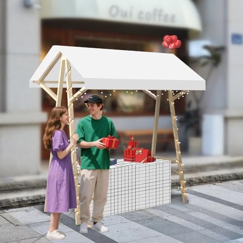 Foldable Wooden Market Stall Display Stand with Canopy & Tablecloth - Outdoor Concession Booth for Crafts, Toys, Food & Lemonade - Retail Kiosk, Portable 180x60cm (Red)