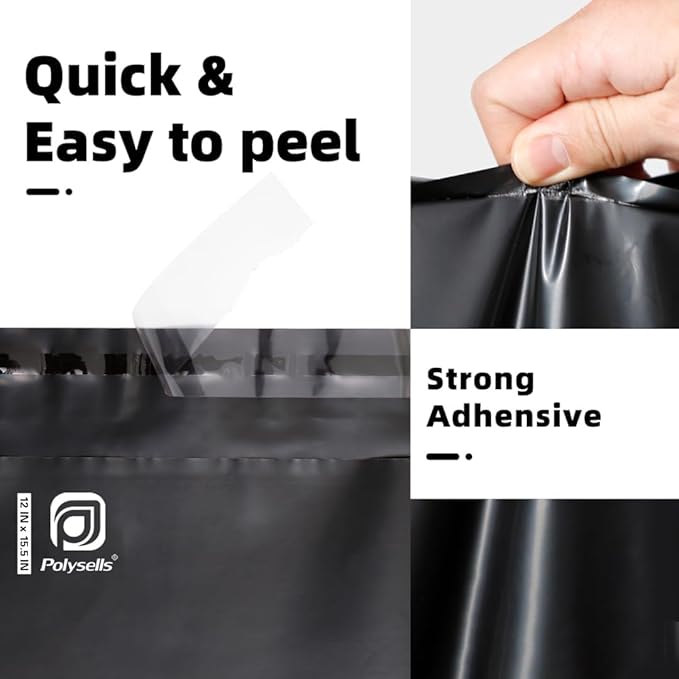 POLYSELLS 1000 pcs 12x15.5 Inches Black Poly Mailers Shipping Envelopes, Strong Adhesive Sealing, Waterproof, and Tear-resistant Postal Mailing Bags for Clothing, Books, and Accessories