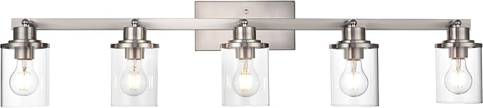 Yaohong 5-Light Brushed Nickel Track Lighting Fixture for Ceiling Mounting Bathroom Vanity Wall Scones with Rotatable Spotlight, Kitchen Track Lighting Fixture with Glass Shade for a Shop Hallway
