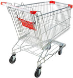 Supermarket Shopping Cart, Silver Metal, 6.3 Cu. Ft. Capacity, 350 lb Load, Chrome Construction, Child Seat with Safety Belt, 39.75x22.81x40.19 Inches