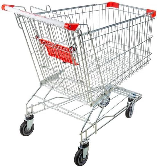 Supermarket Shopping Cart, Silver Metal, 6.3 Cu. Ft. Capacity, 350 lb Load, Chrome Construction, Child Seat with Safety Belt, 39.75x22.81x40.19 Inches