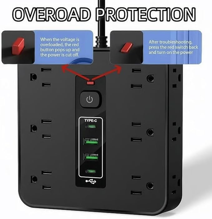 16-in-1 Power Strip with Switch & Surge Protection, Travel Extension Cord with USB Ports, Outlet Electrical Extender, 6.5FT Extension Cord On/Off Switch, 16 Outlet USB-C Power Strip(Black)