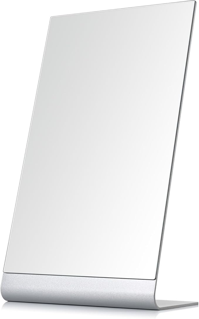 Frameless Makeup Mirror for Desk, 15 Inch Aluminum Standing Table Mirror, Large Counter Top Mirror